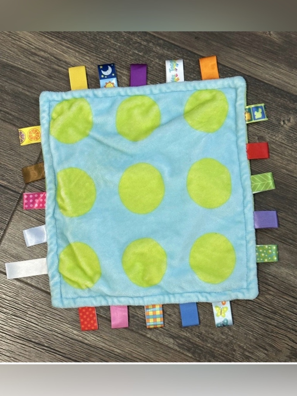 Taggies blue with green polka dot security blanket lovey blankie 12x12 baby